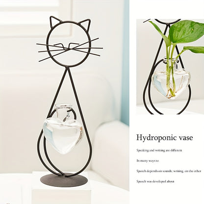 Minimally Designed Cat Shaped Wrought Iron Vase with Heart-shaped Small Glass Vase And Golden Metal Support Plant Rack, Suitable for Home Wedding Decoration\u002Fdesktop Glass Flowerpot Vase Rack, Creative Decoration for Home Terrace Lawn Garden
